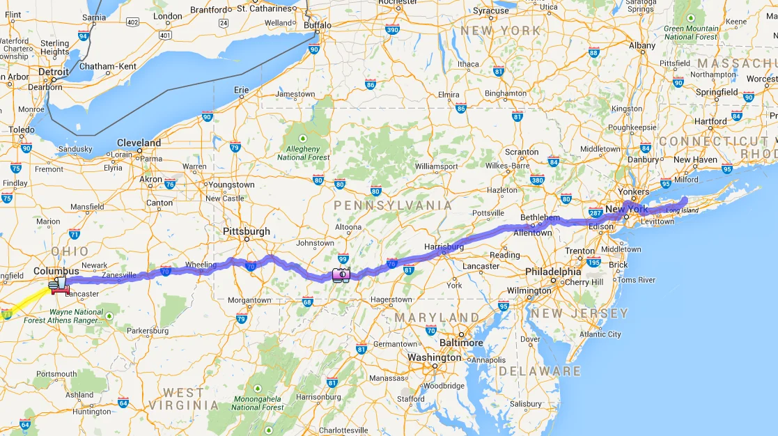 Map of the Day 1 route from New York through New Jersey and Pennsylvania to Columbus, Ohio