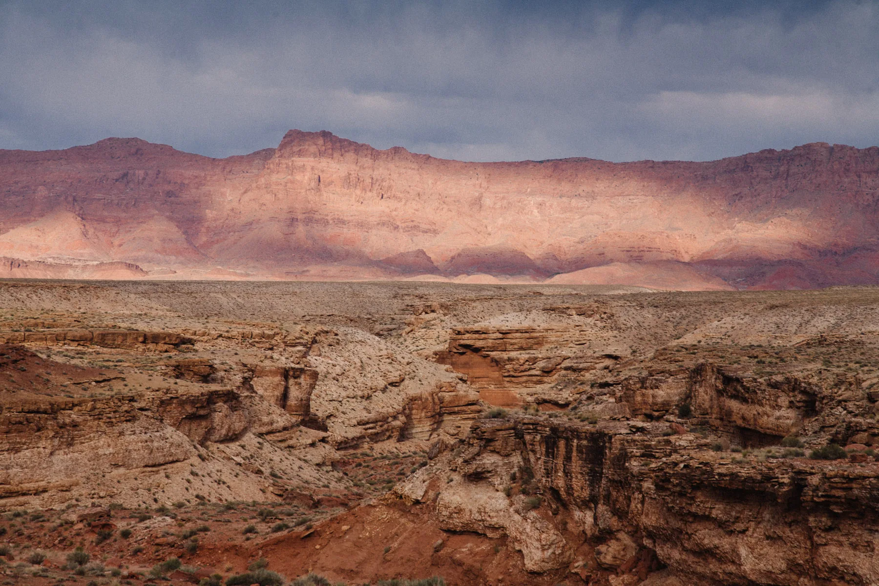 The Vermilion Cliffs glowing pink above an eroded plain