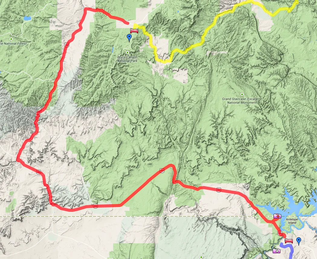 Map of the planned Day 12 route from Bryce Canyon through Kanab to Page
