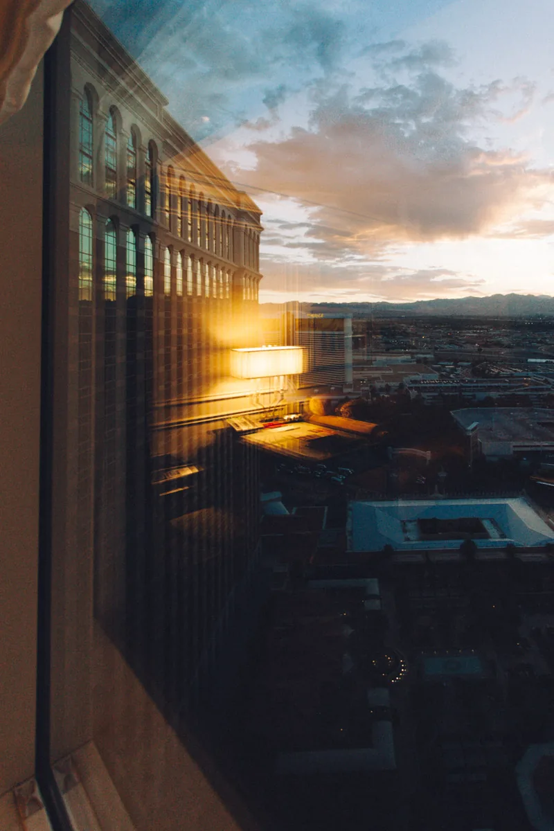 The sunset reflected in the hotel window