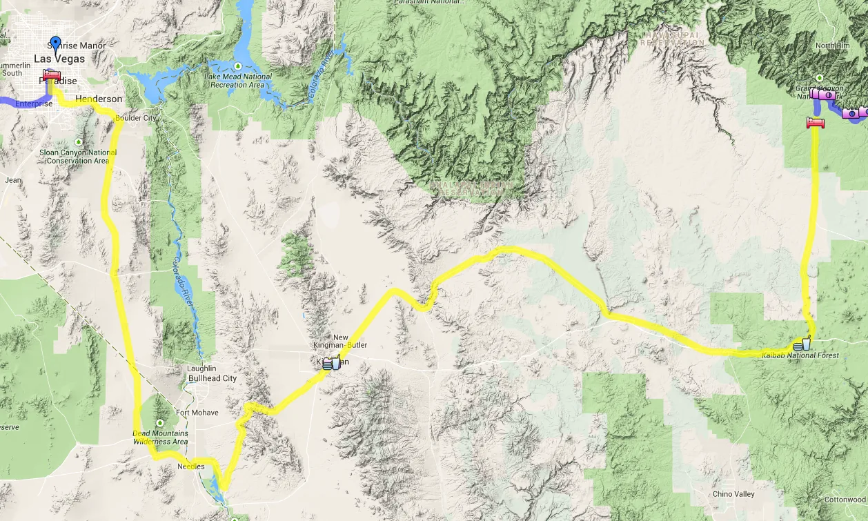 Map of the Day 14 route from the Grand Canyon along Route 66 through Williams and Kingman to Las Vegas