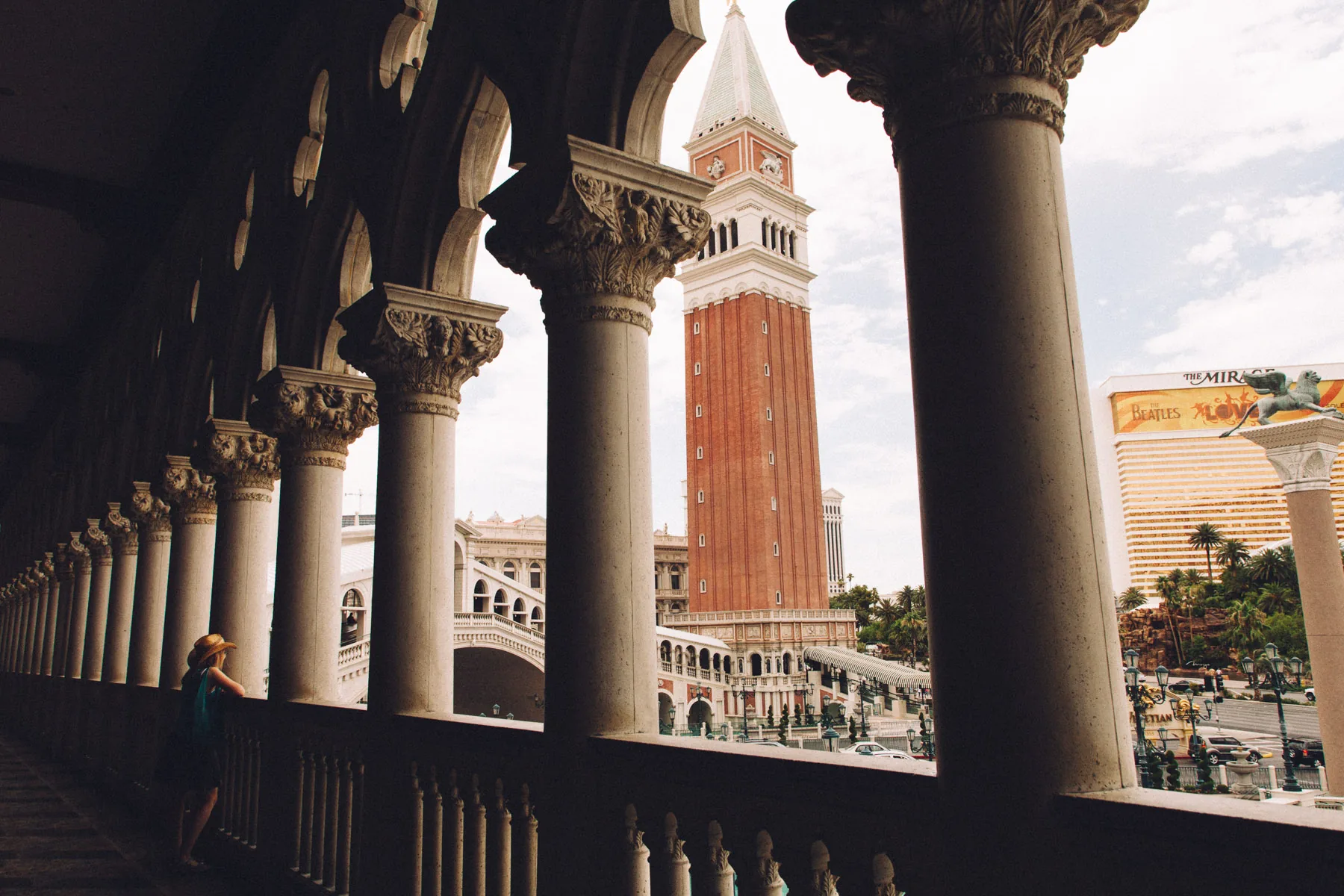 The campanile seen through the arches of the Doge's Palace replica