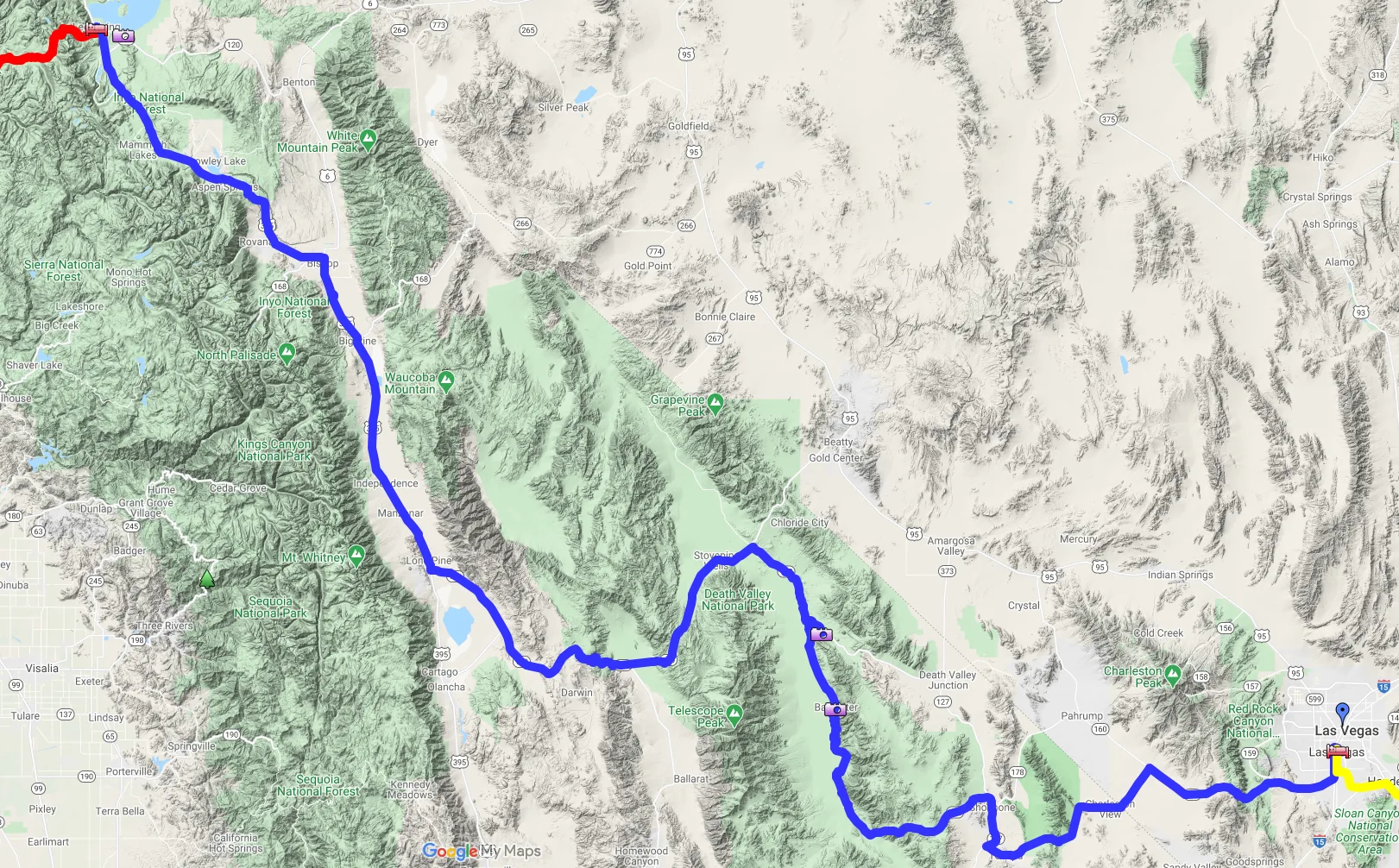 Map of the Day 16 route from Las Vegas through Death Valley and up the Owens Valley to Mono Lake