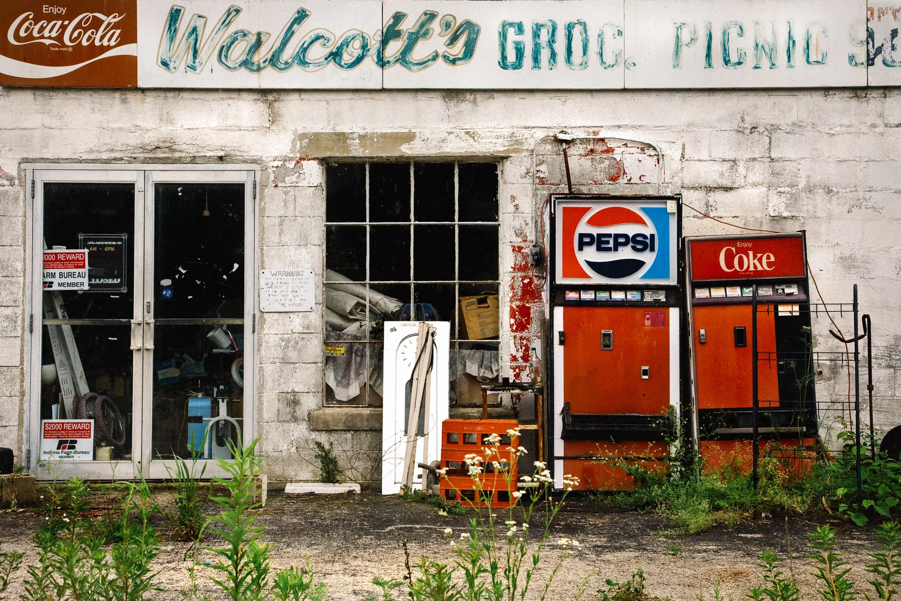 An abandoned grocery store with Pepsi and Coke vending machines among the weeds