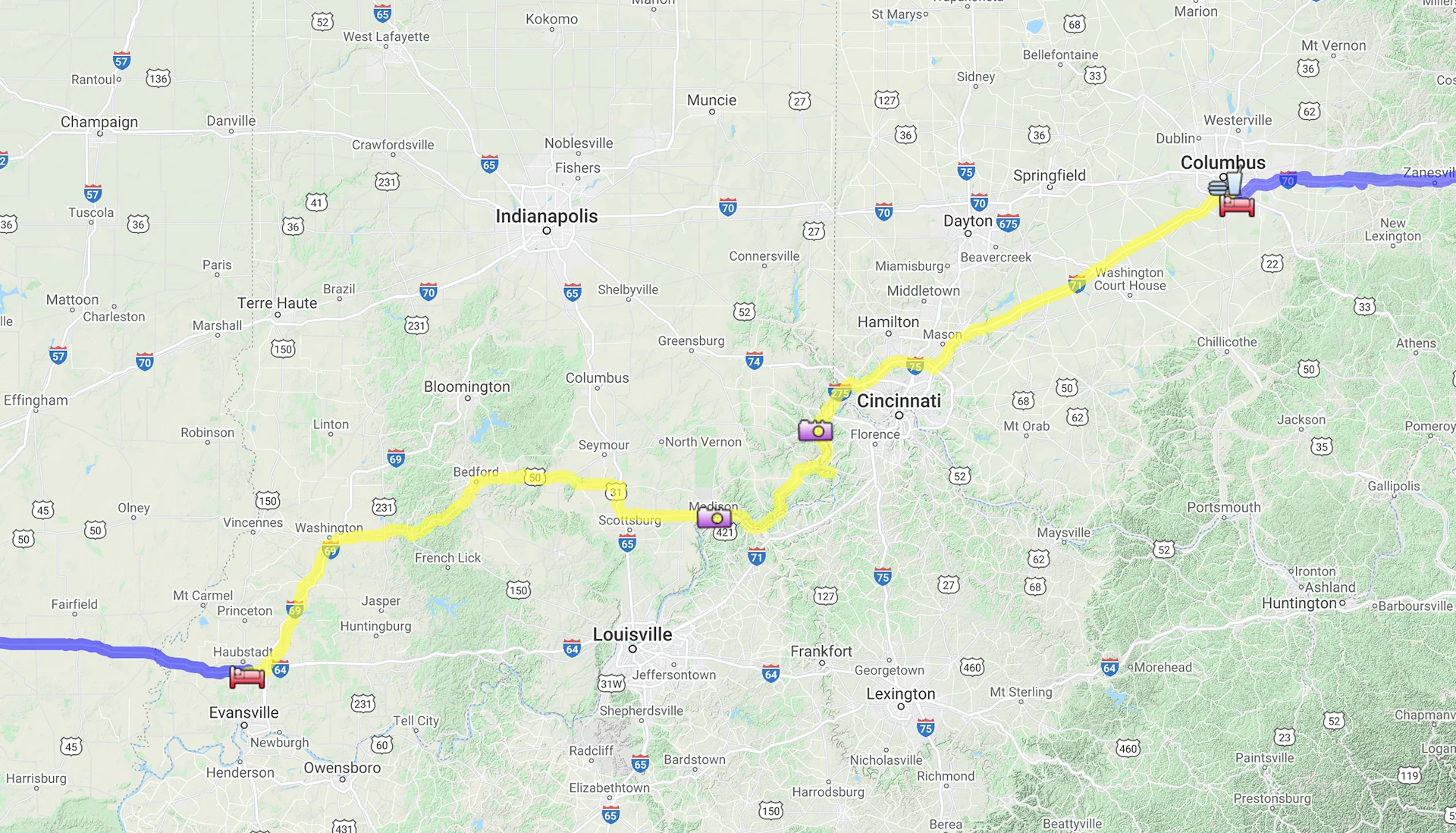 Map of the Day 2 route from Columbus, Ohio along the Ohio River through Indiana to Evansville