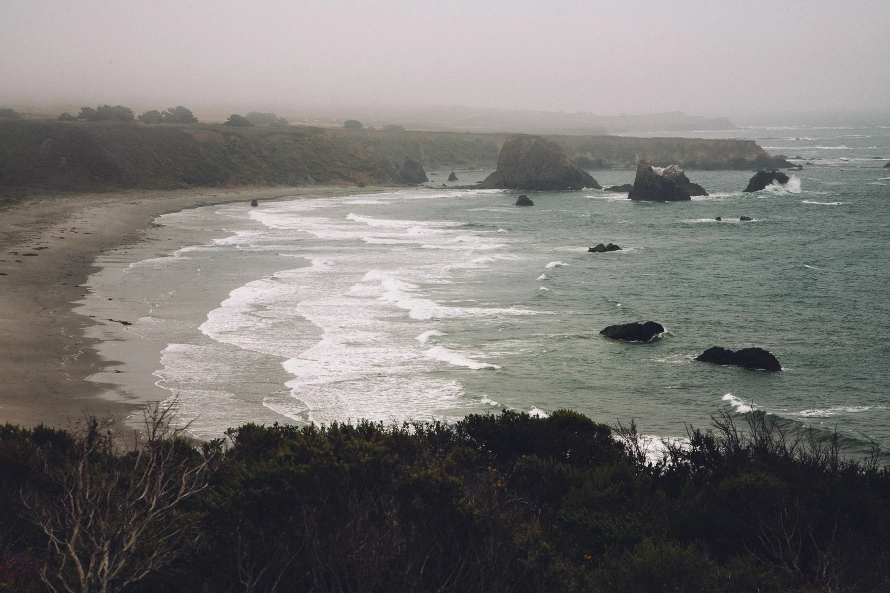 Waves rolling into a foggy bay