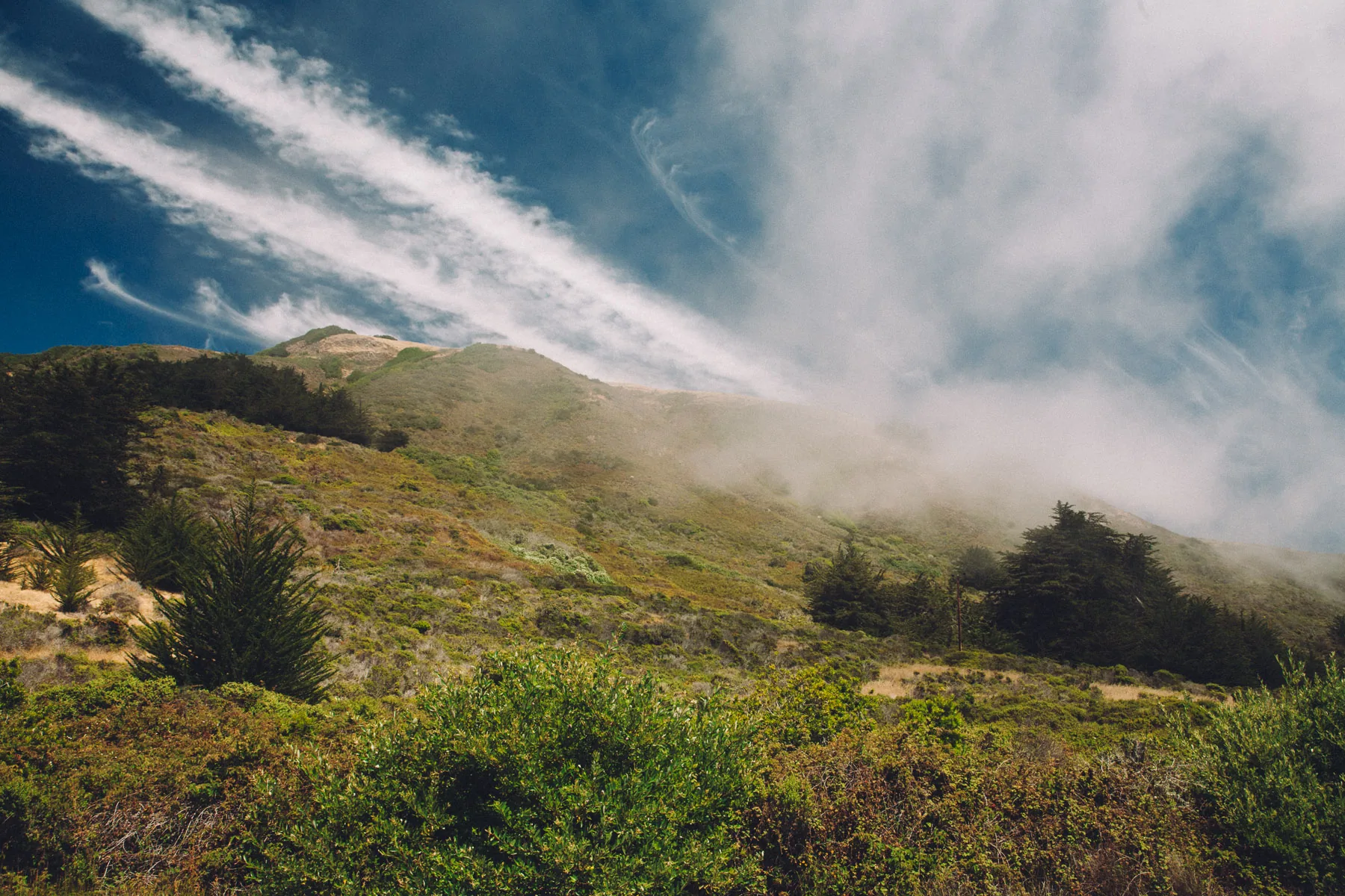 Fog drifting over the green hills of Big Sur