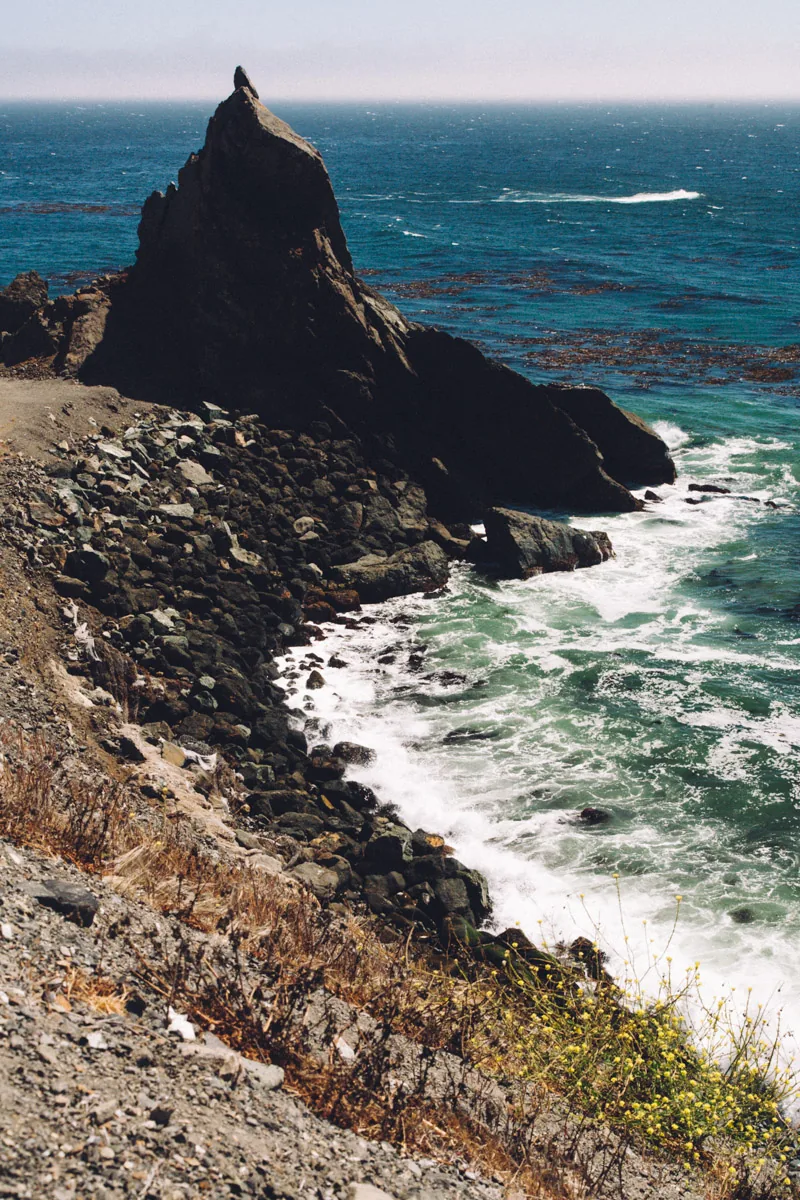 A dark sea stack and a rocky shore at Cape San Martin