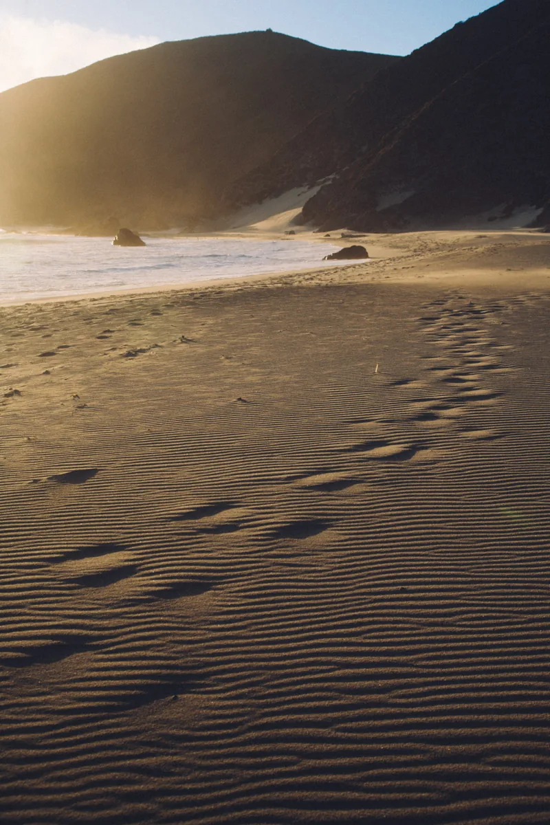 Footprints leading across the beach toward the hills