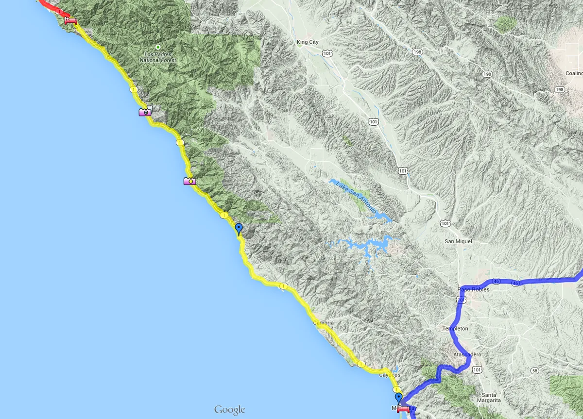 Map of the Day 20 route along Highway 1 from Morro Bay up the Big Sur coast