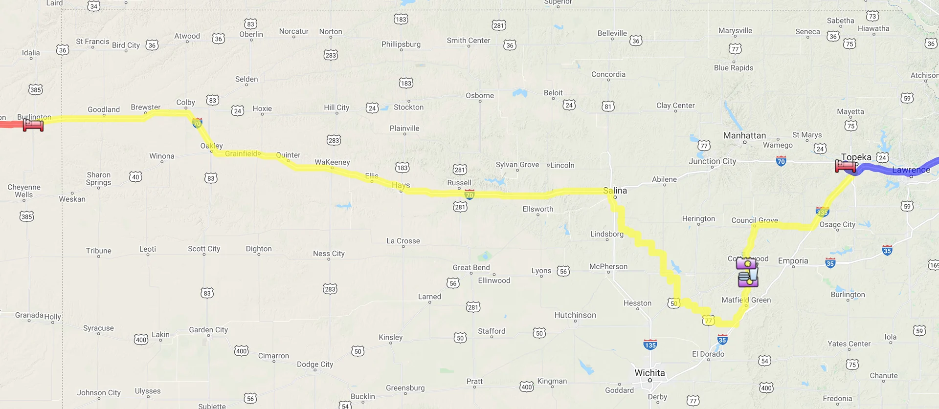 Map of the Day 4 route across Kansas from Topeka through the Flint Hills and Salina to Burlington, Colorado