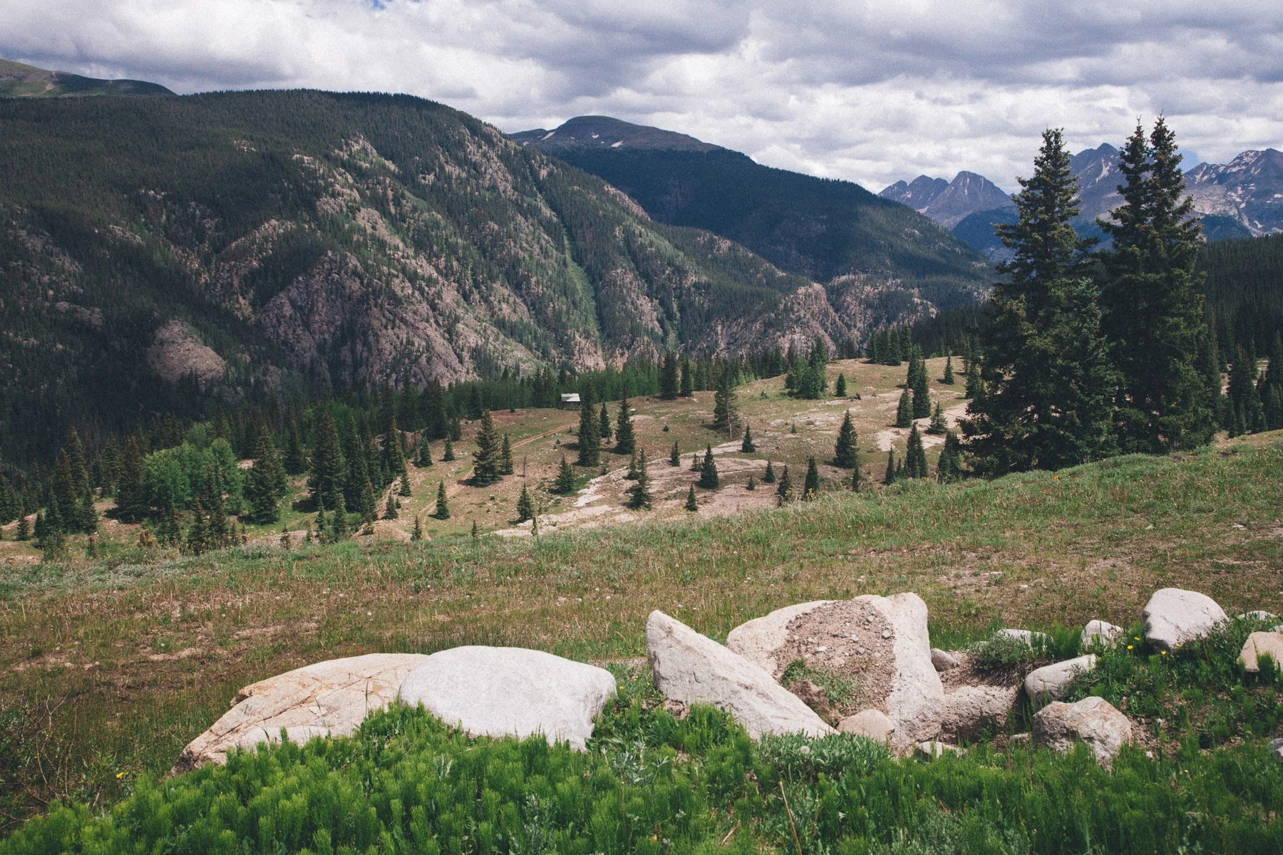Boulders in a meadow below forested mountains