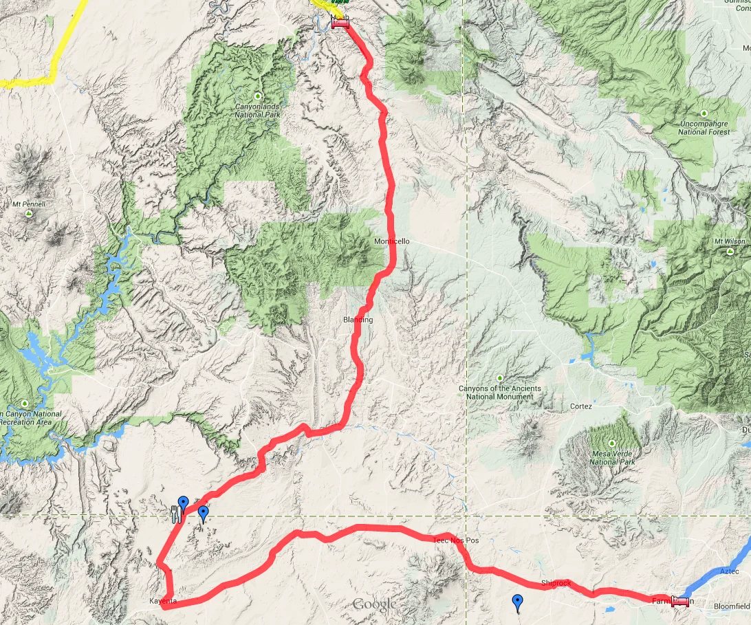 Map of the Day 8 route from Farmington past Shiprock and through Kayenta to Monument Valley, then north to Moab