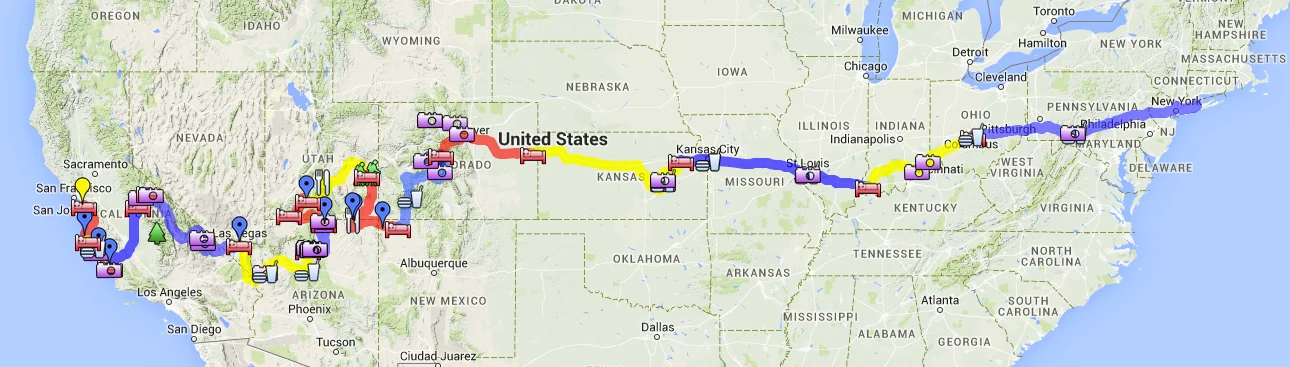 Map of the full route from New York to San Francisco, with the stops along the way