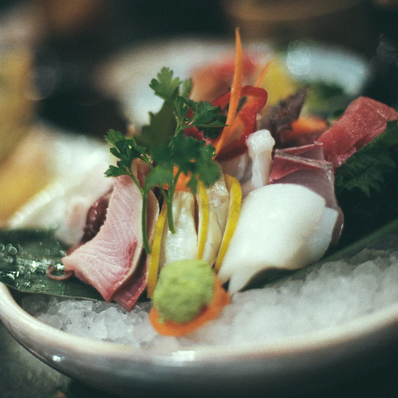 Fresh sashimi on crushed ice with wasabi