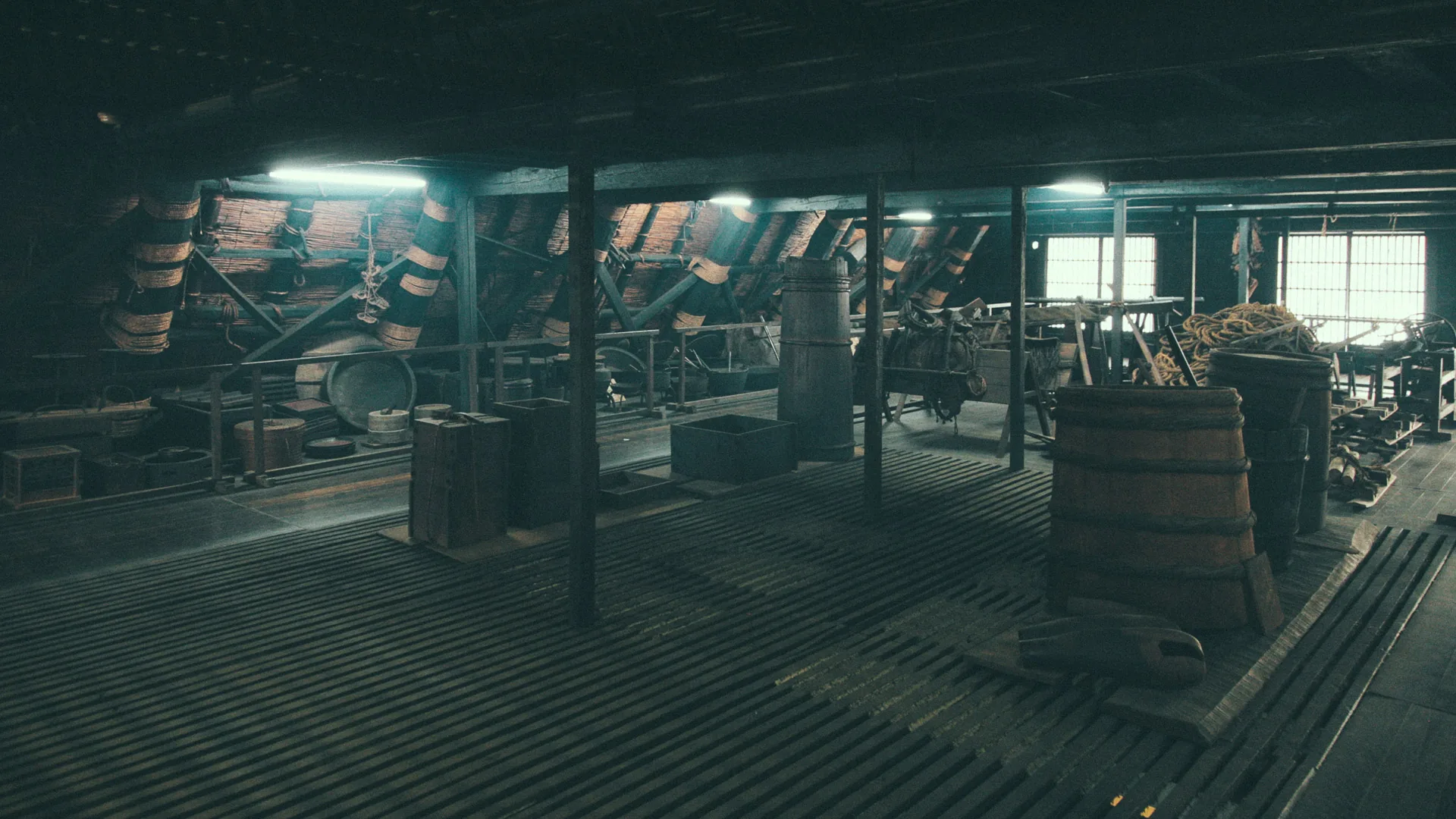 The upper floor of a farmhouse with old tools