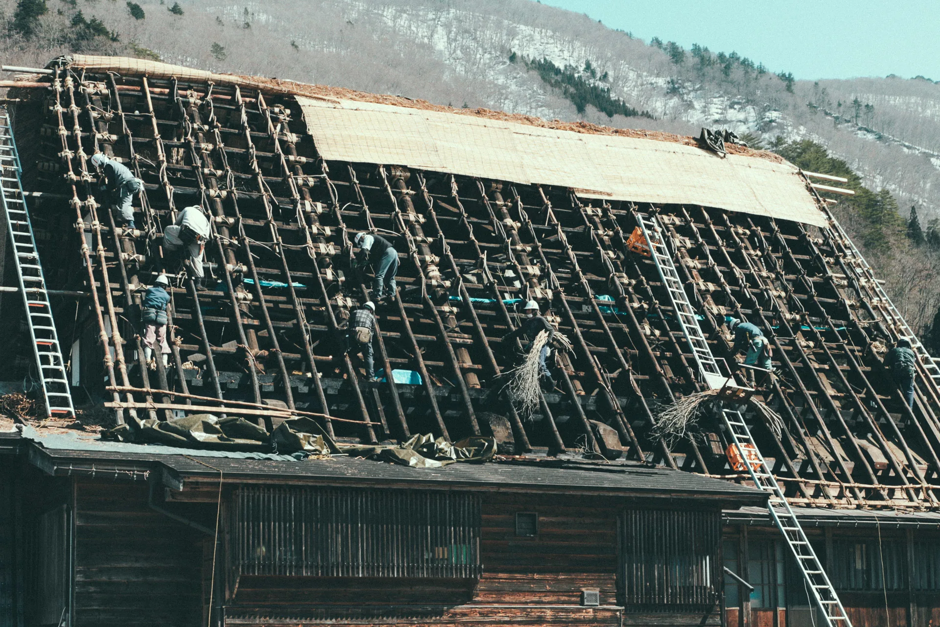 Villagers re-thatching a roof