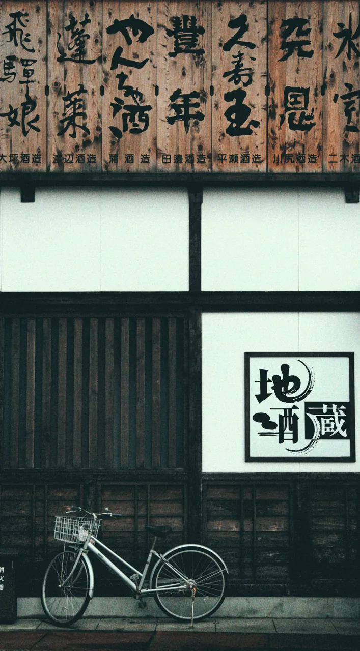 A shop front with a bicycle under painted signboards