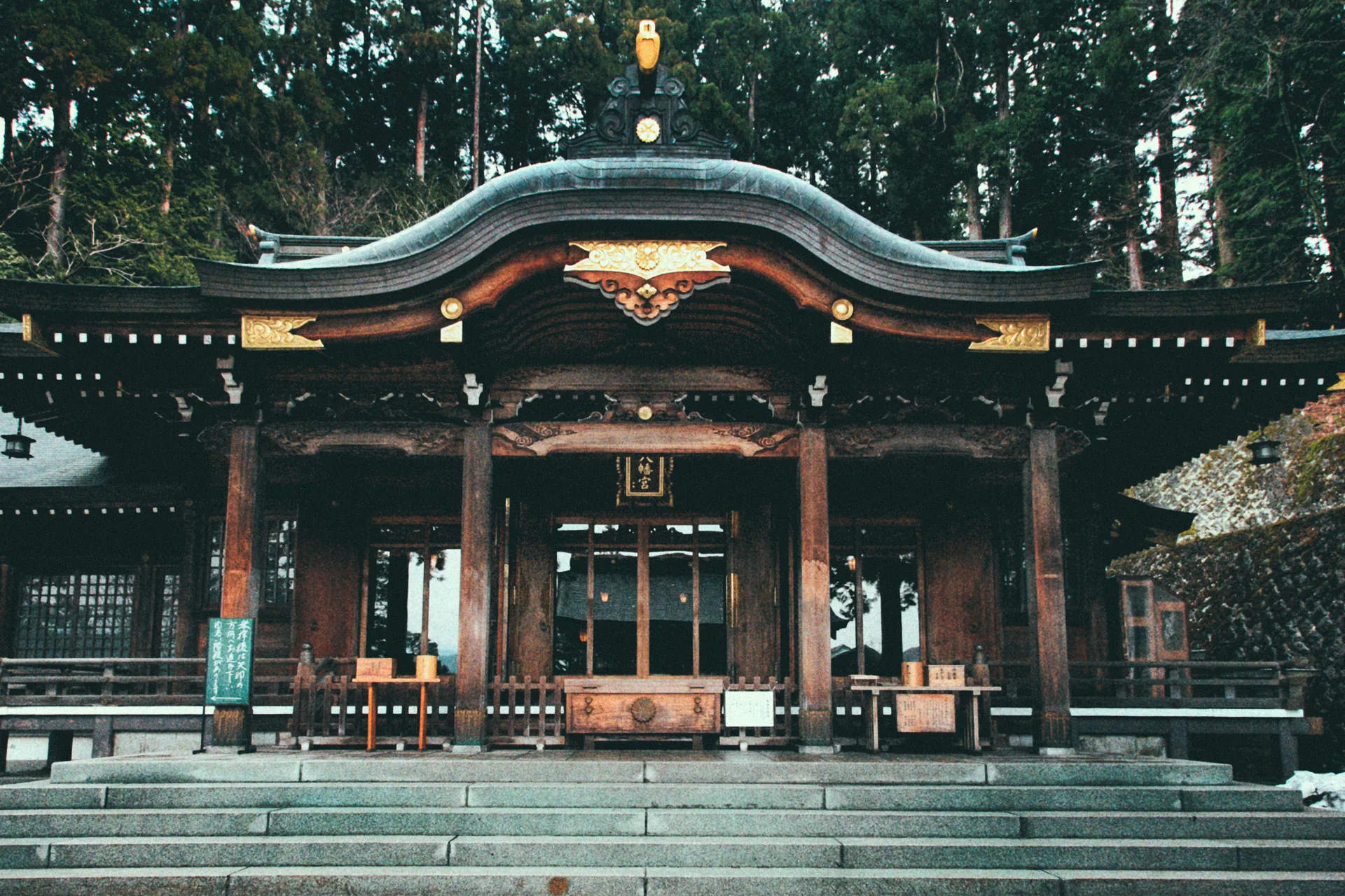 The main hall of the shrine among tall cedars