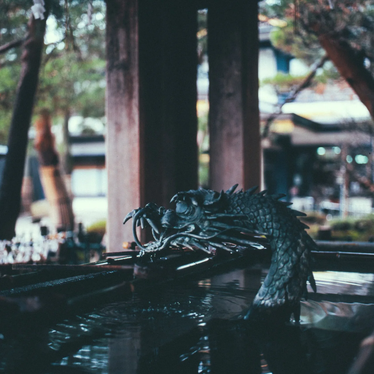 A bronze dragon spouting water at a purification basin