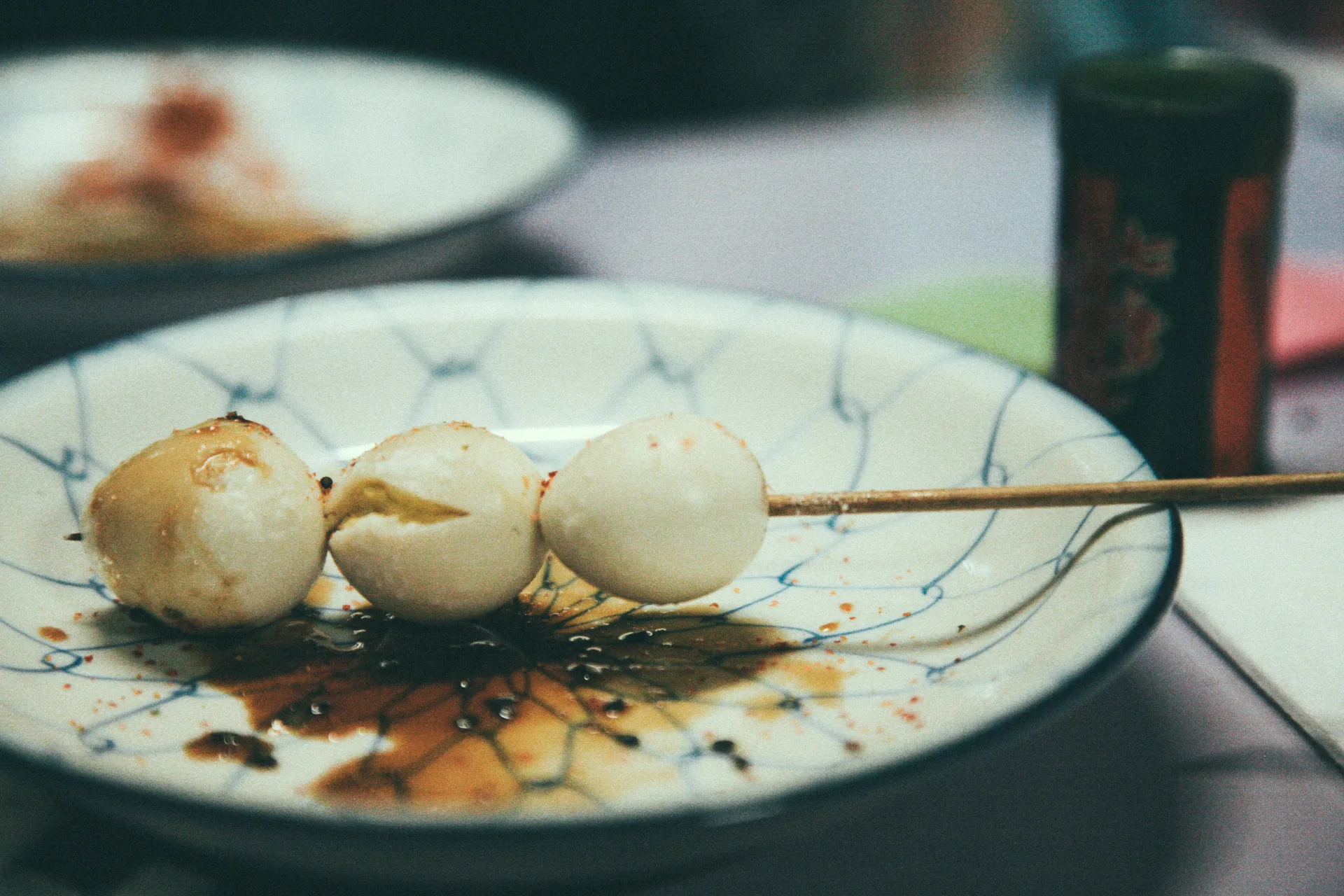 Quail eggs on a skewer