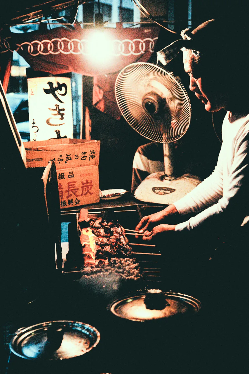 Skewers on the grill at the yakitori stand
