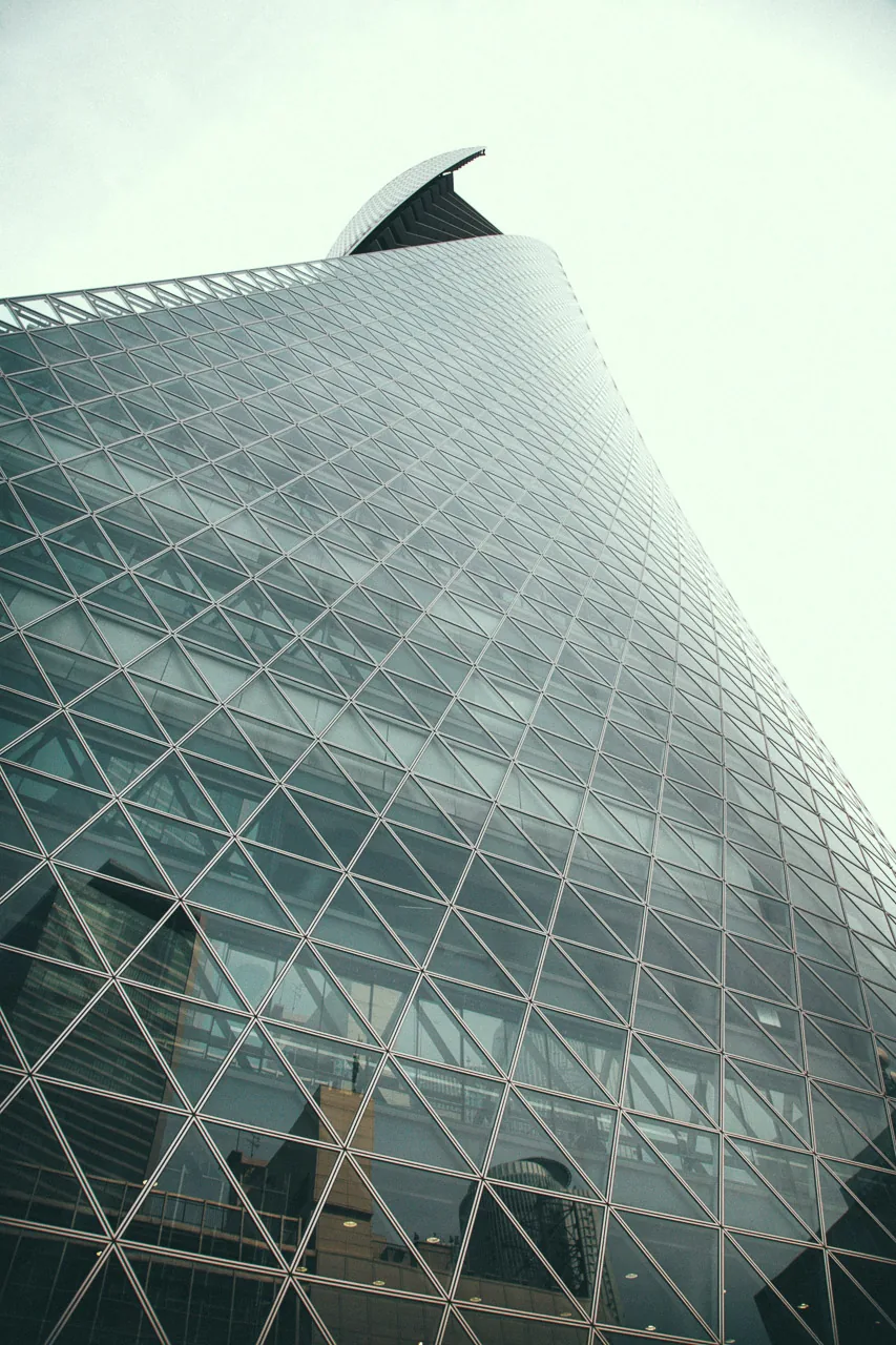 The curved glass of the Spiral Towers