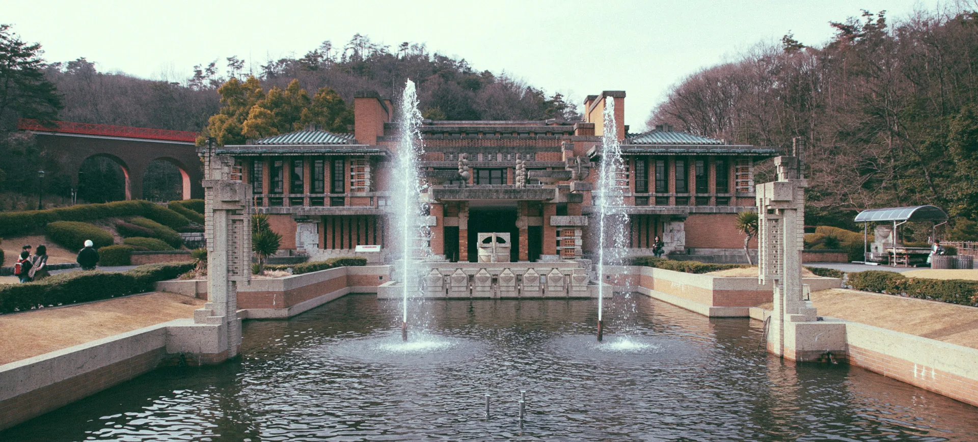 The Imperial Hotel entrance and its fountains at Meiji-Mura