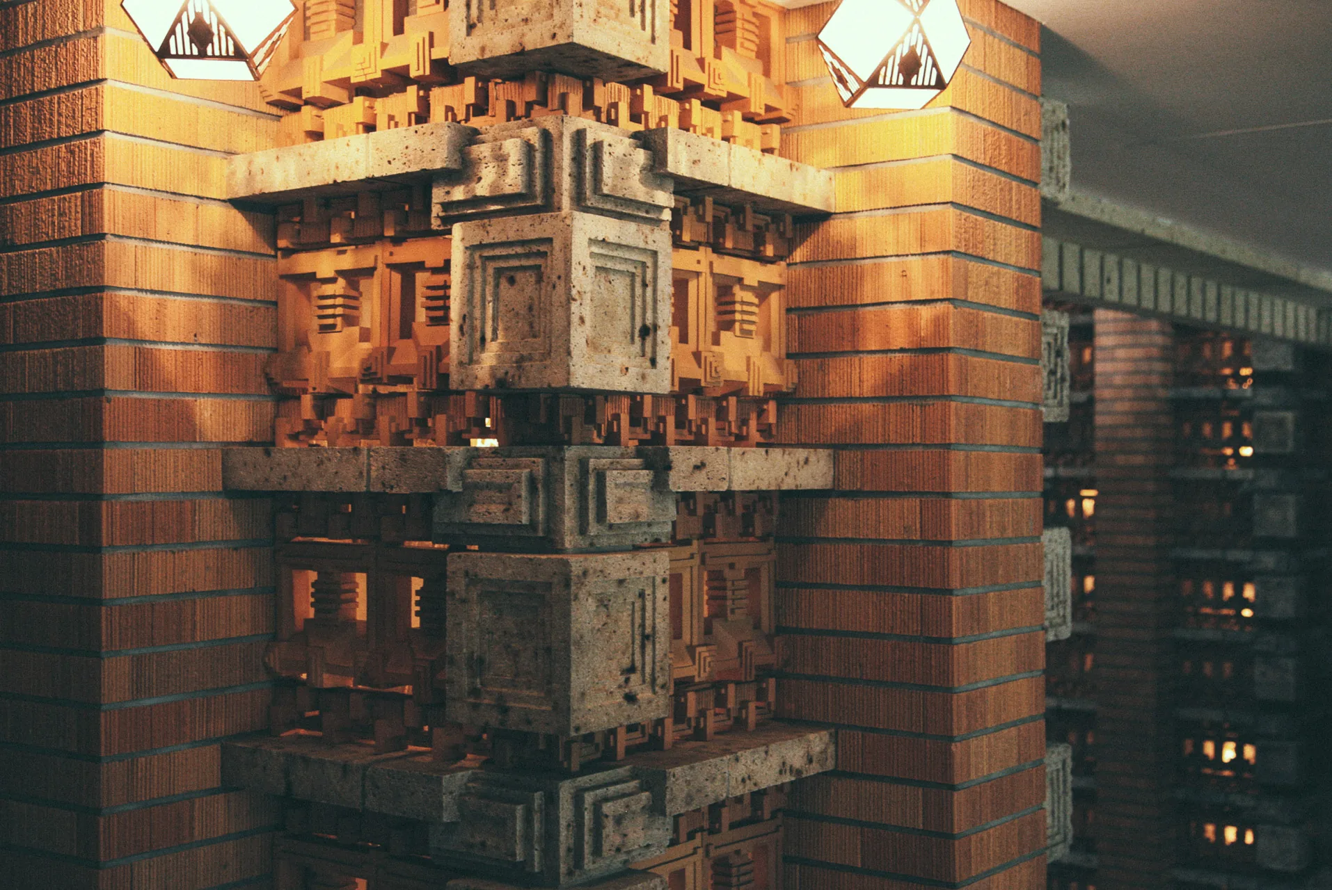Lit stonework inside the Imperial Hotel