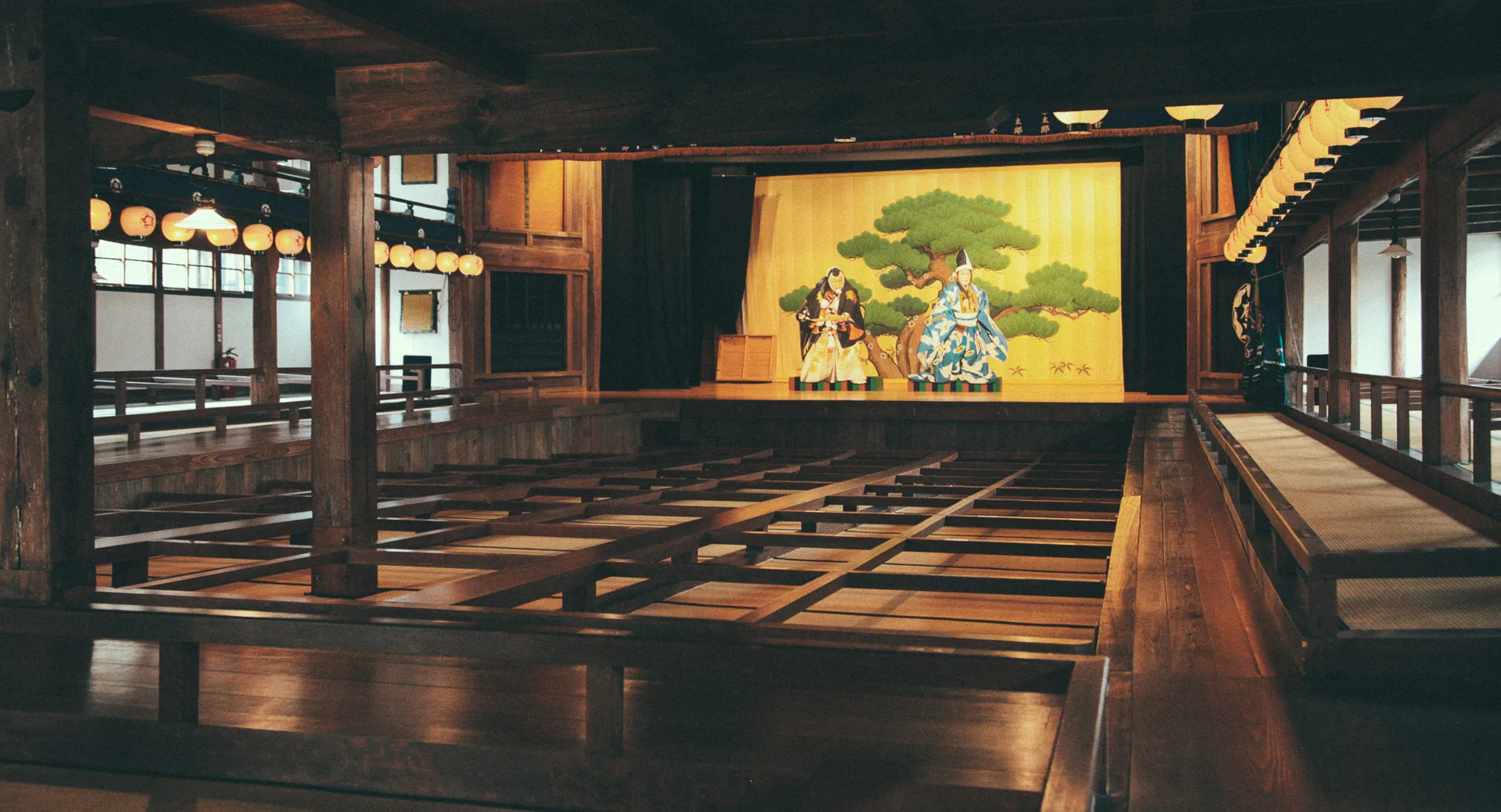 The stage and tatami seating inside the theater