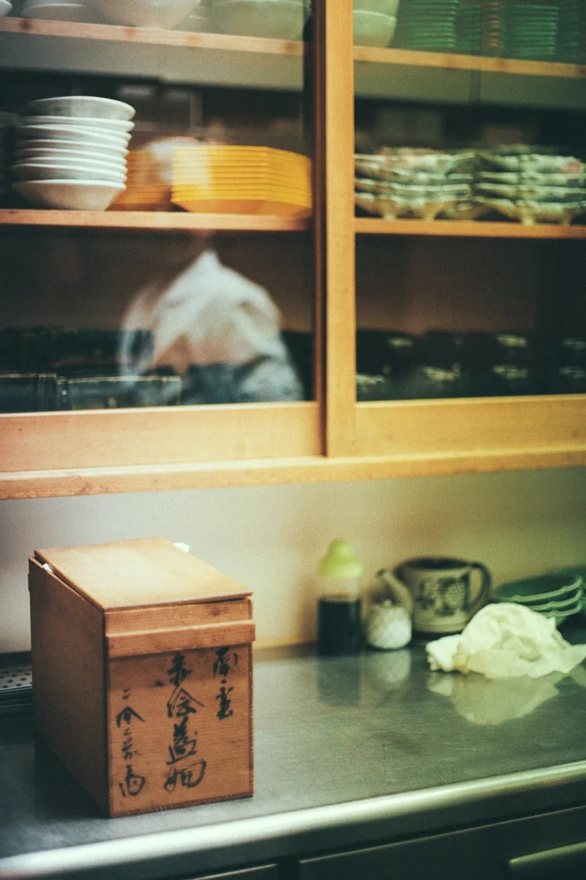 A wooden box on the kitchen counter