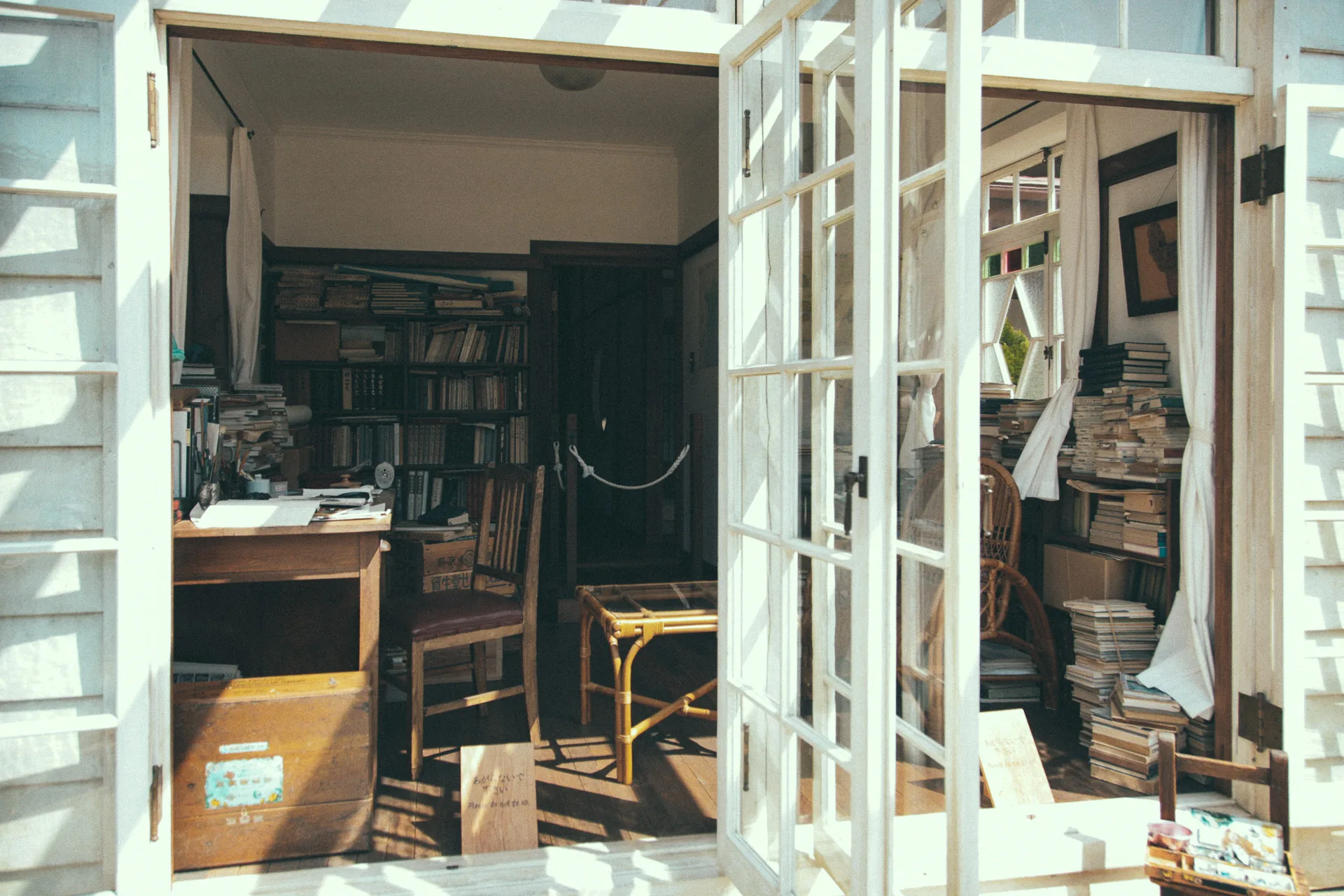 The father's study seen through glass doors