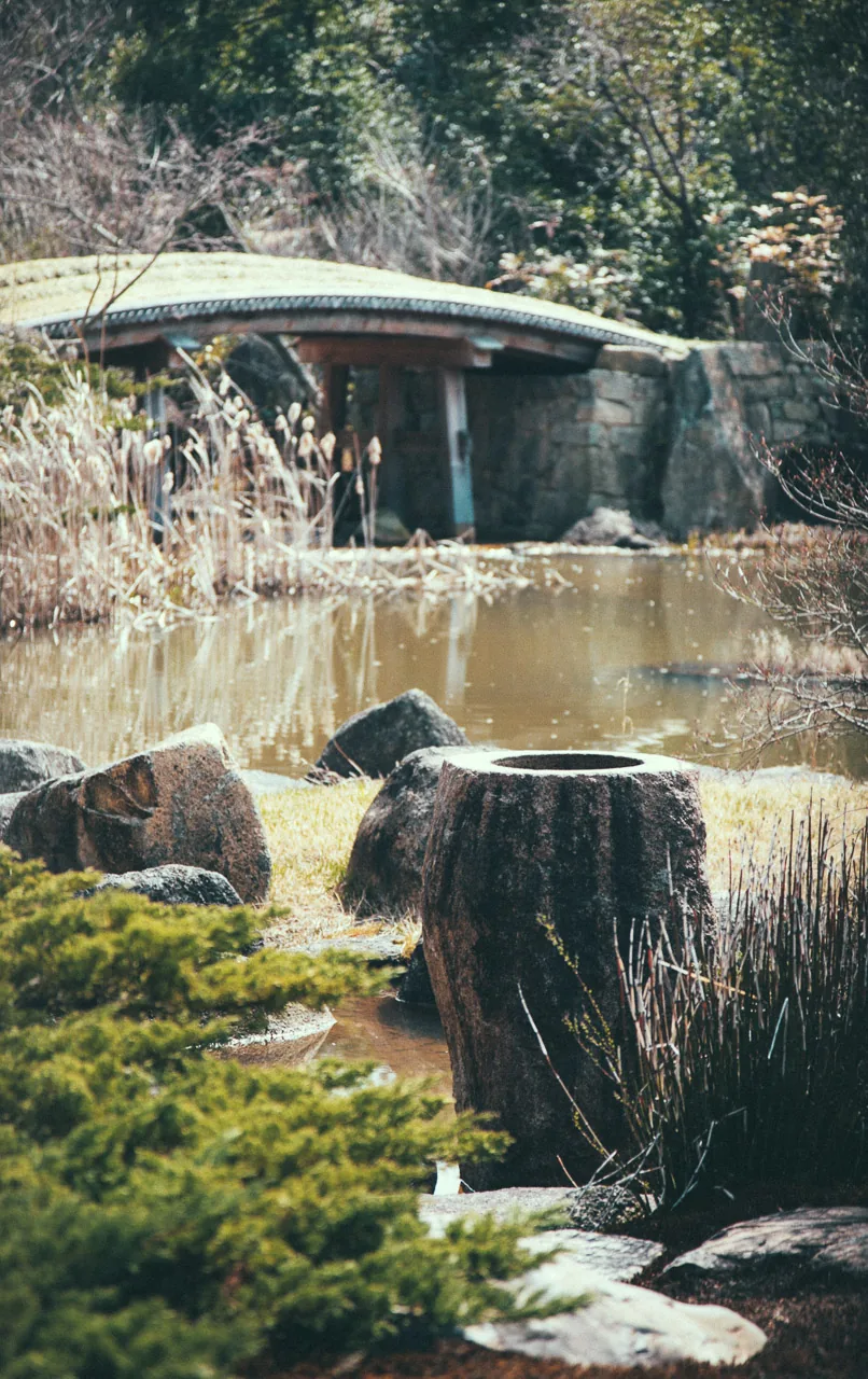 A pond with a stone bridge and a stone basin