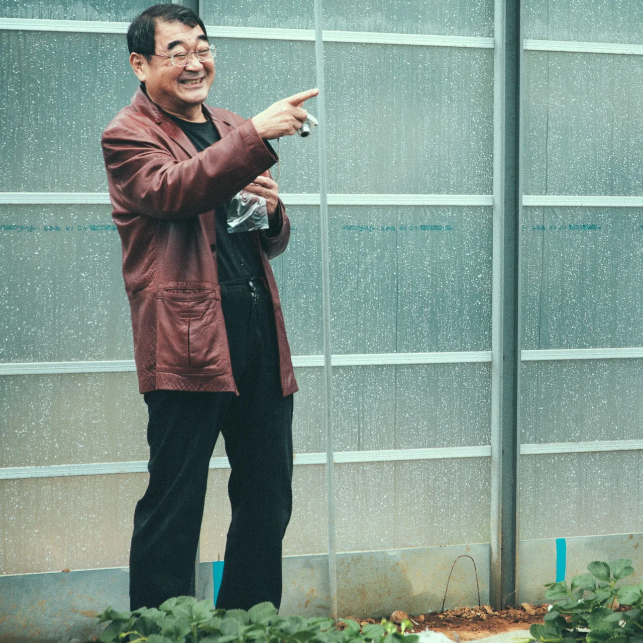 Masao pointing across the greenhouse