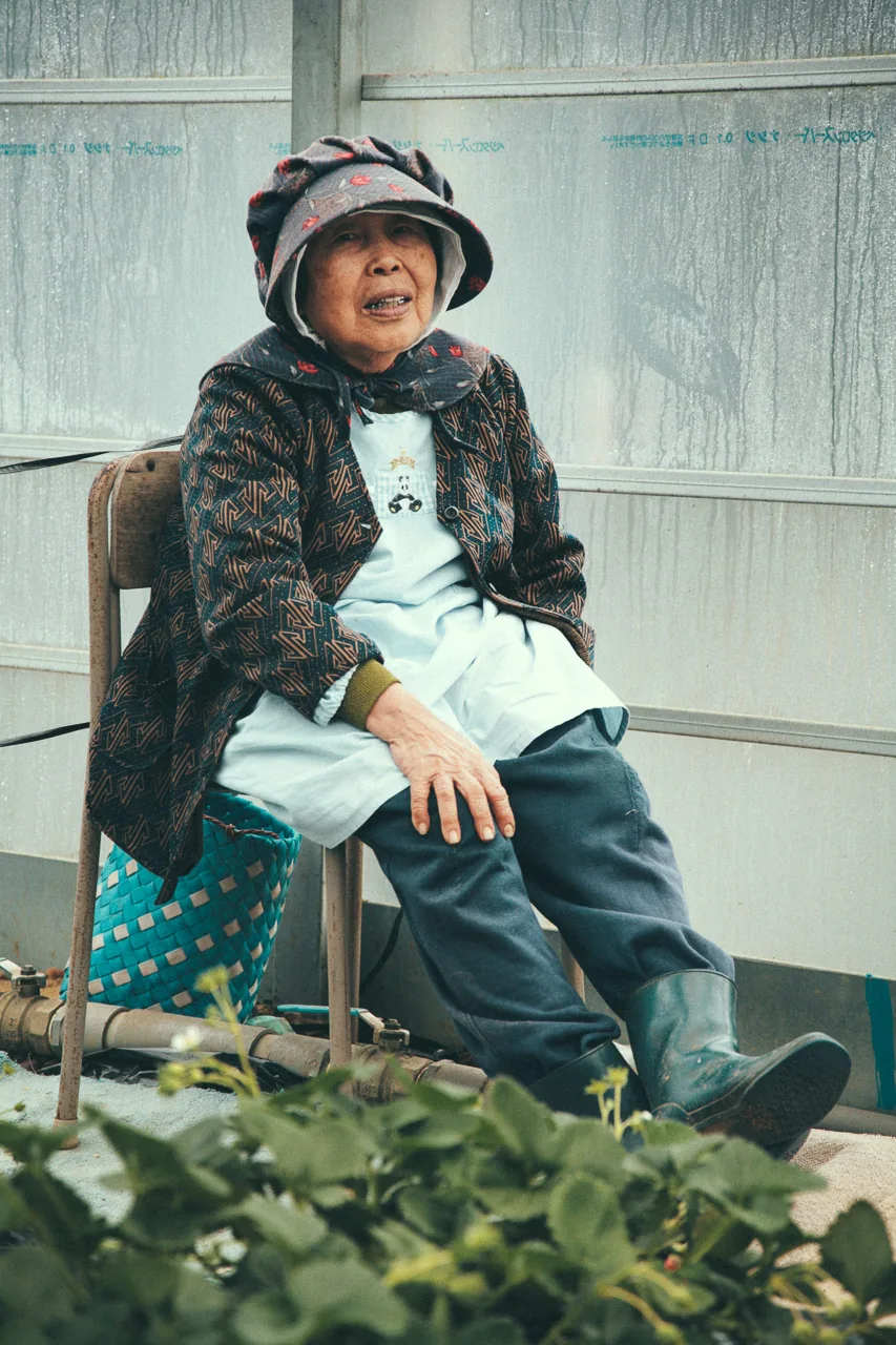 An elderly farmer resting on a stool