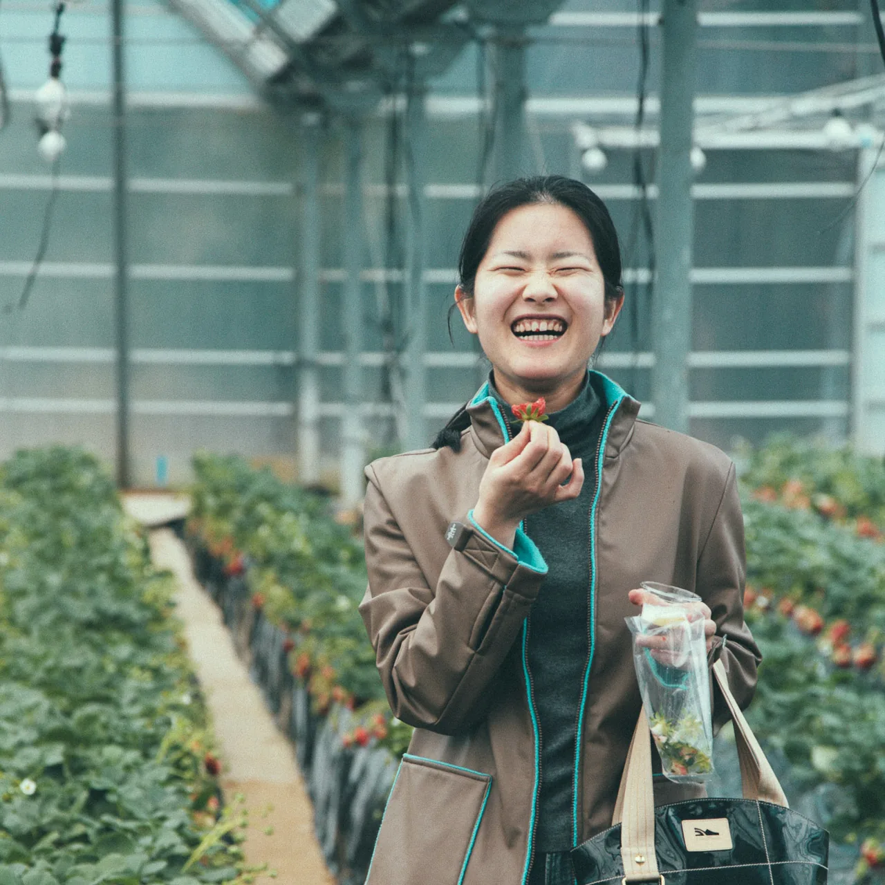 Laughing among the strawberry plants