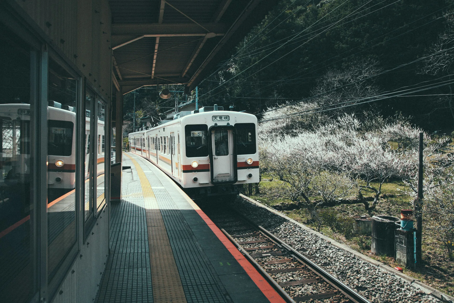 A train arriving at Yuya Onsen station