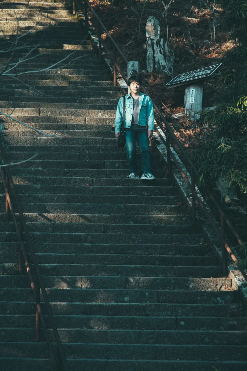 Walking down the long stone staircase