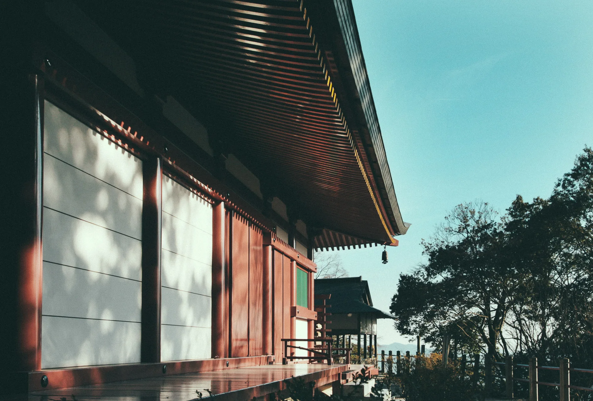 The red hall of Horai-ji in the sun