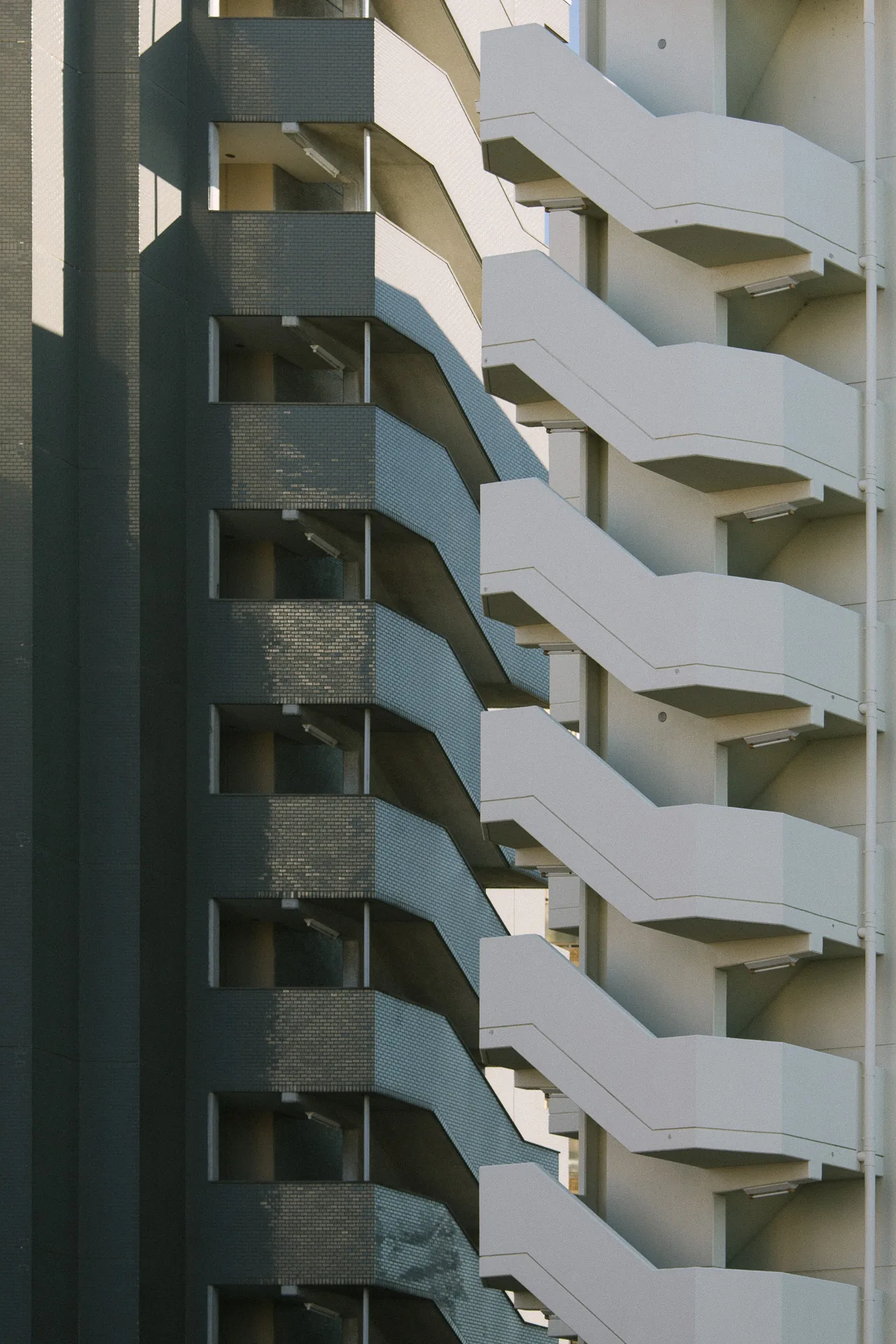 White and blue staircases of a tall building