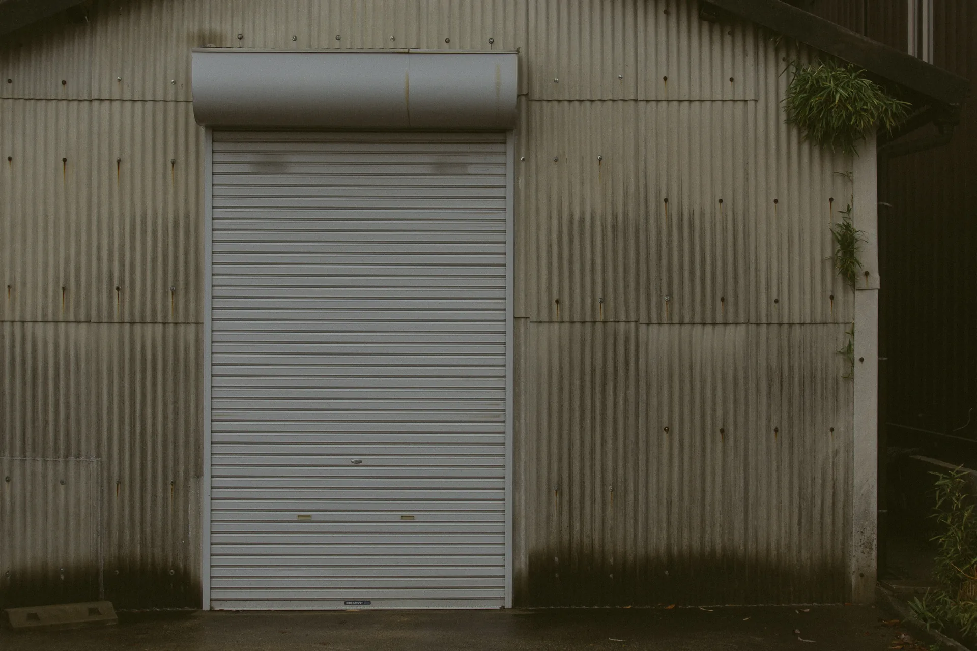 A closed metal shutter in a weathered wall