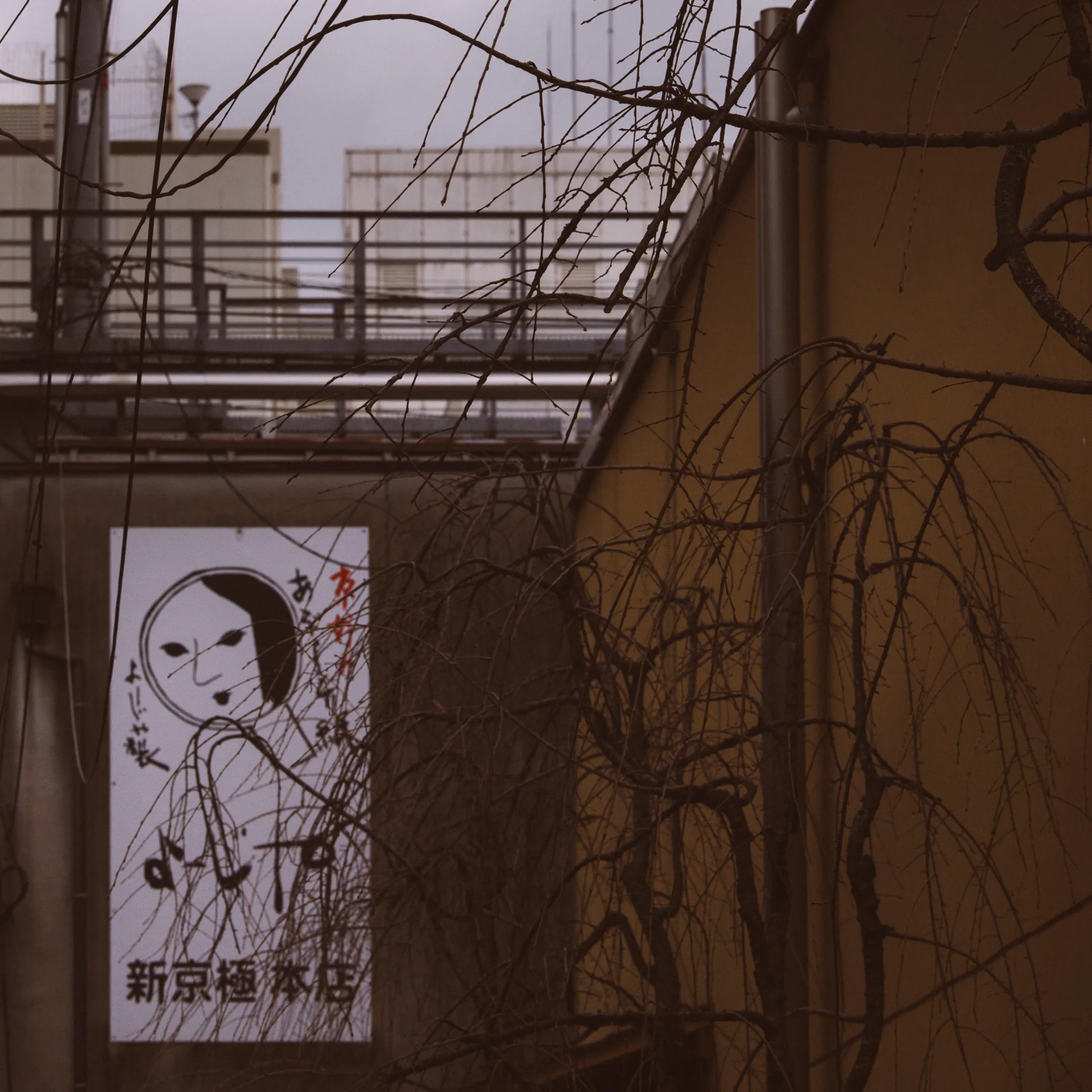 A white sign with a face, behind bare wires