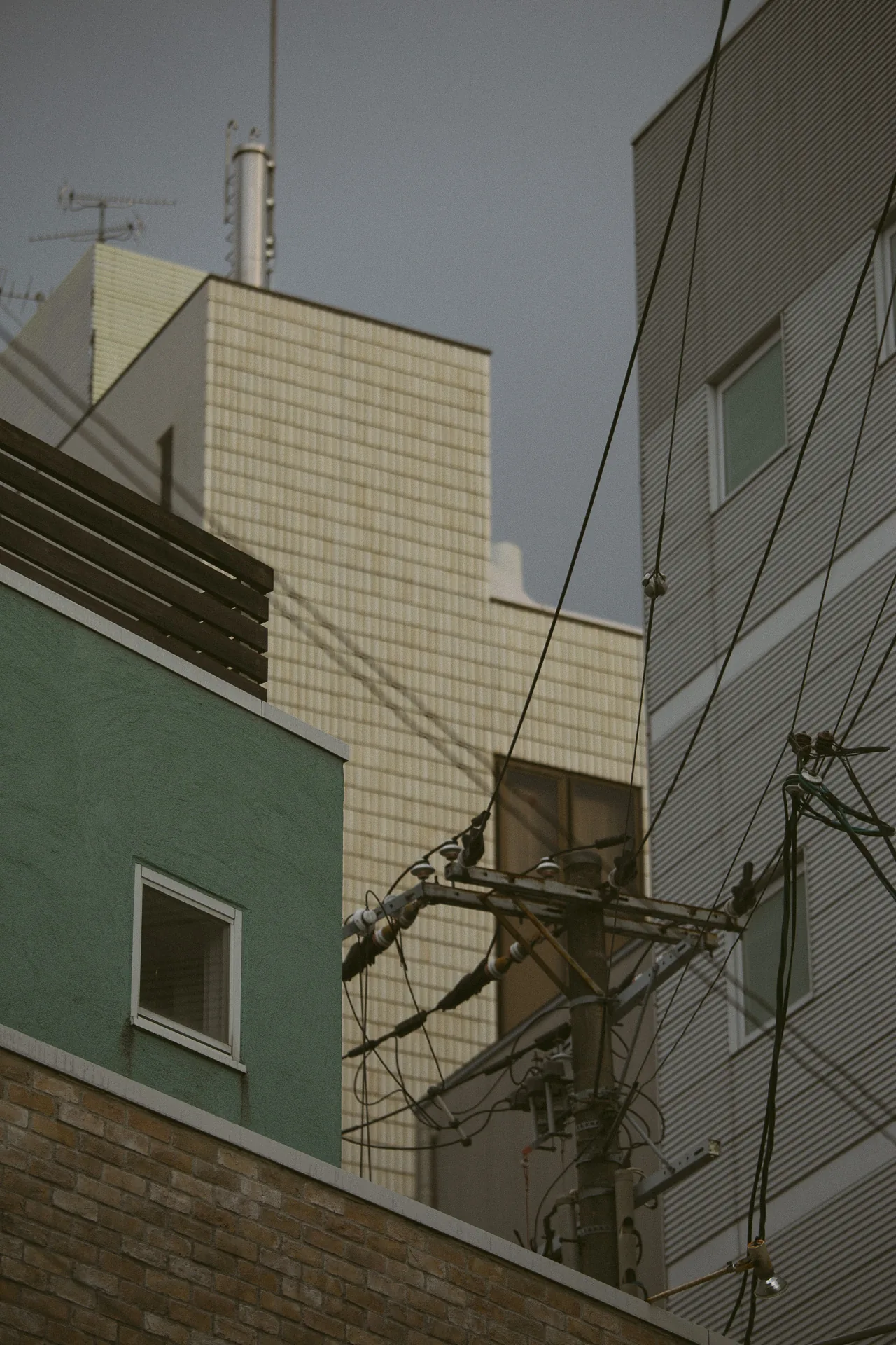 A green wall, tiled tower and utility pole between buildings
