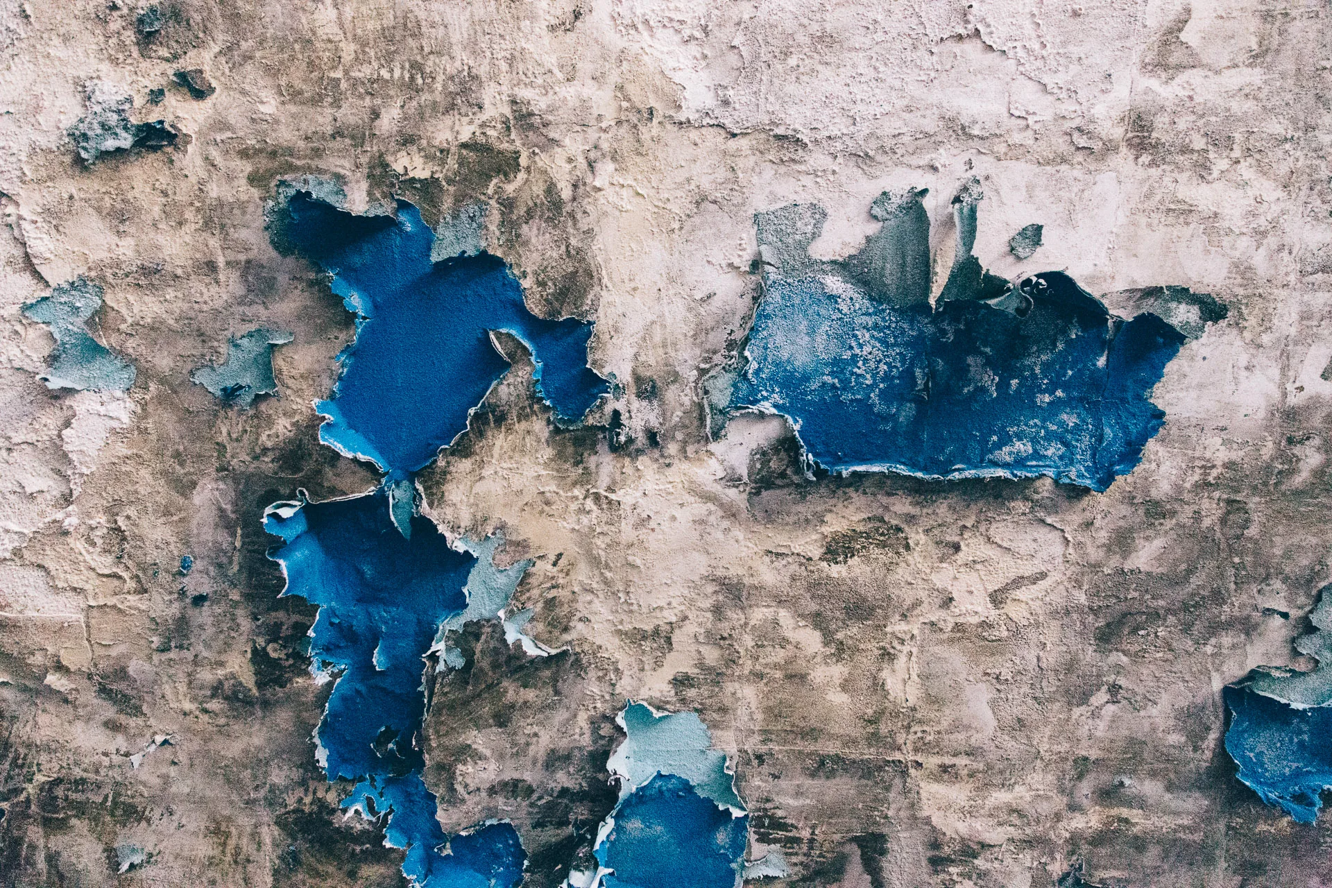 Flakes of blue paint on a pale plaster wall