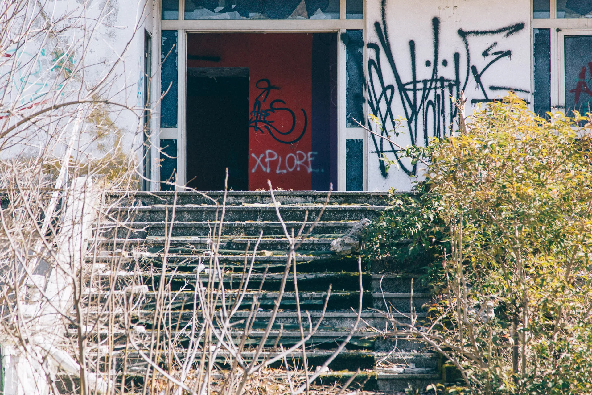 Graffiti-covered steps leading up to the disco's red entrance