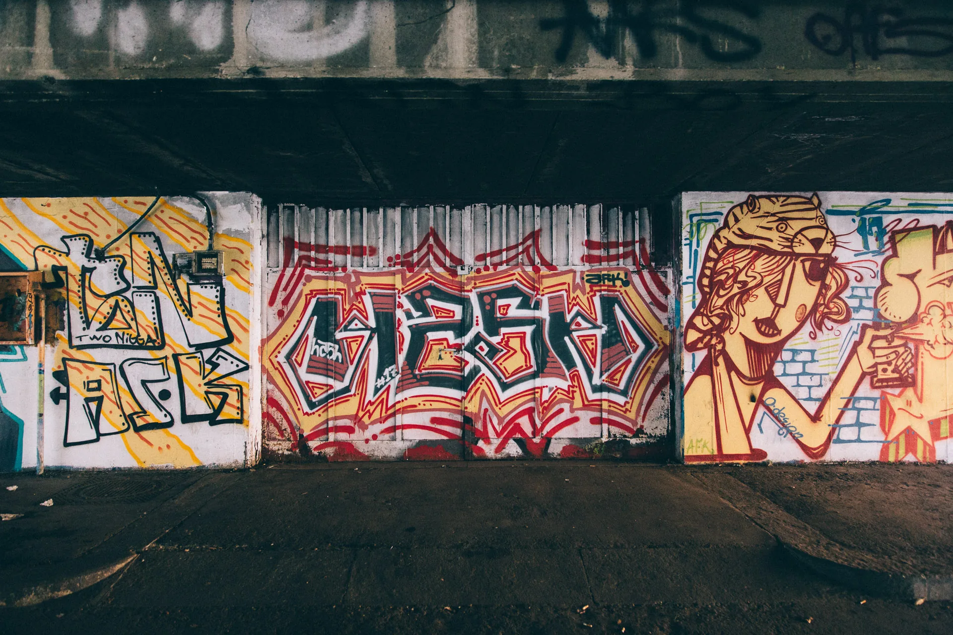 Graffiti panels under a dark overhang