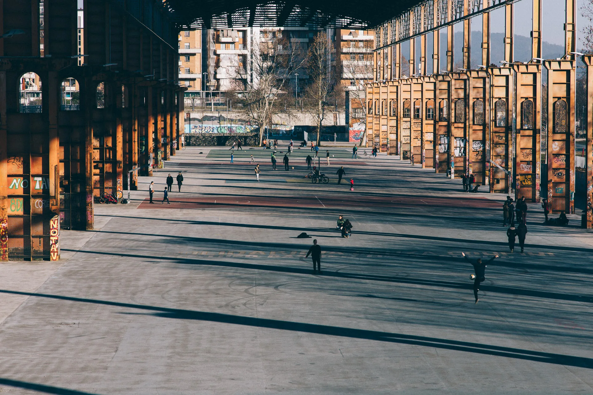 Rows of rusted steel pillars in an open industrial park